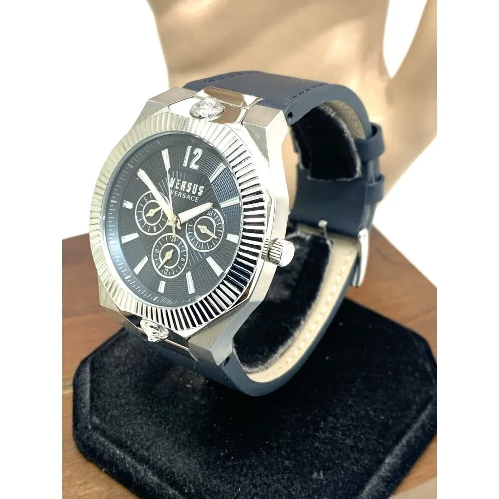 Versus by Versace Mens Watch VSP1P1121 Quartz Blue Gray Dial Silver Leather 42mm